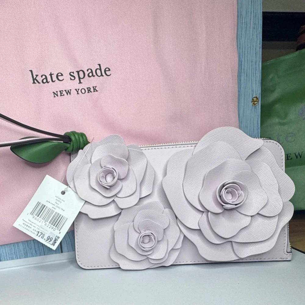Kate Spade 3D Flora Flower Medium L-Zip Wristlet Pale Amethyst - KK972 MSRP $179 - Picture 13 of 16